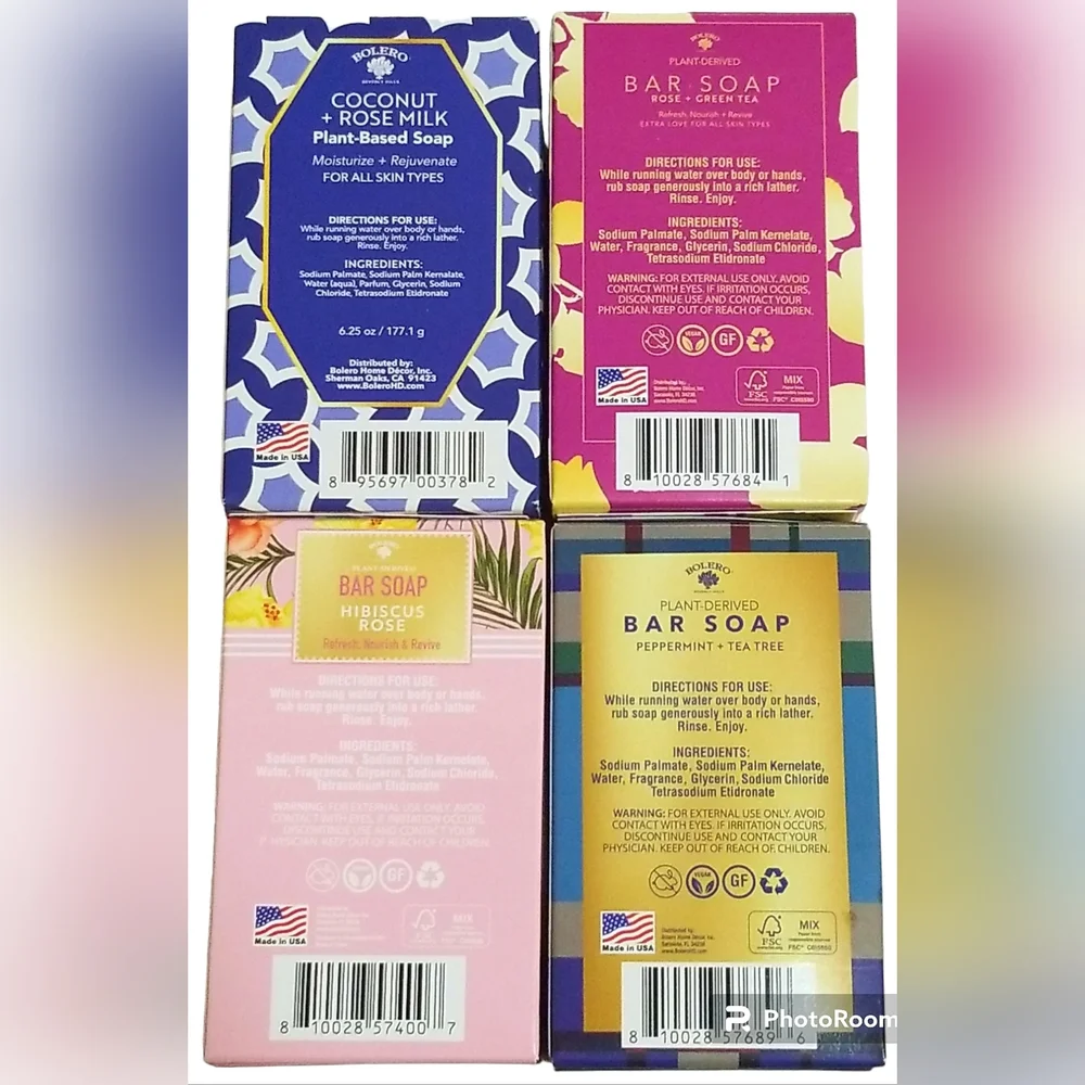 Bolero Plant-Based Soap, Set of 4ea, For All Skin Types,‎ 6.25oz ea